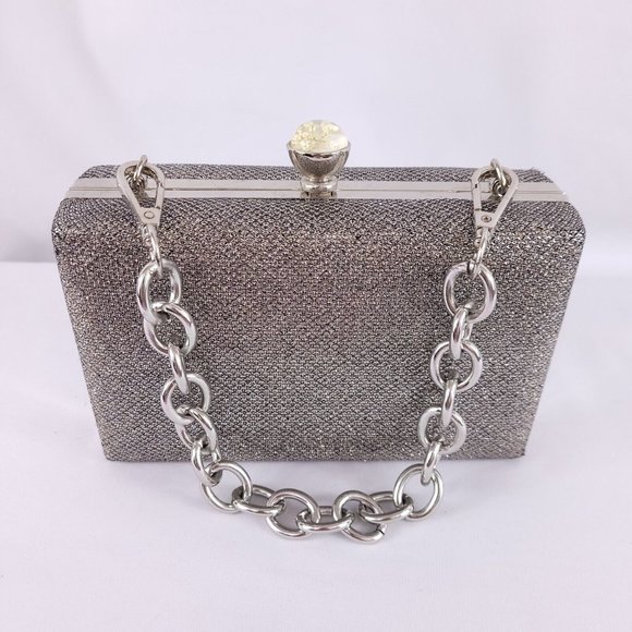 Vintage Metallic Handbag Clutch Metal Detachable Chain Babys Breath Resin Clasp - Picture 1 of 11